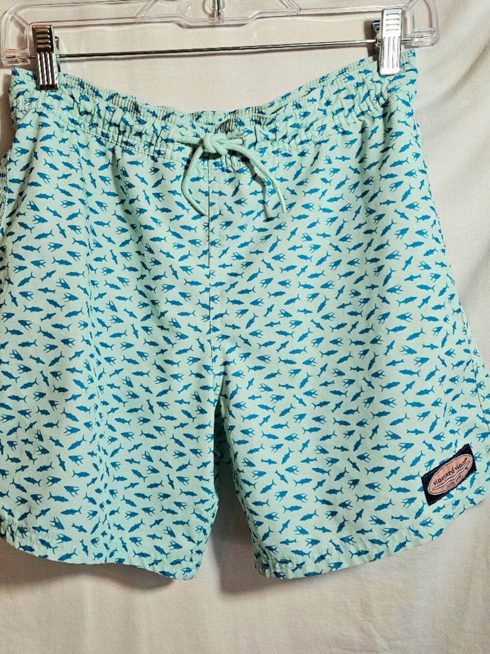 Vineyard Vines Boys "Chappy" Swim Shorts Sz S Aqua Blue Fish Elastic Drawstring